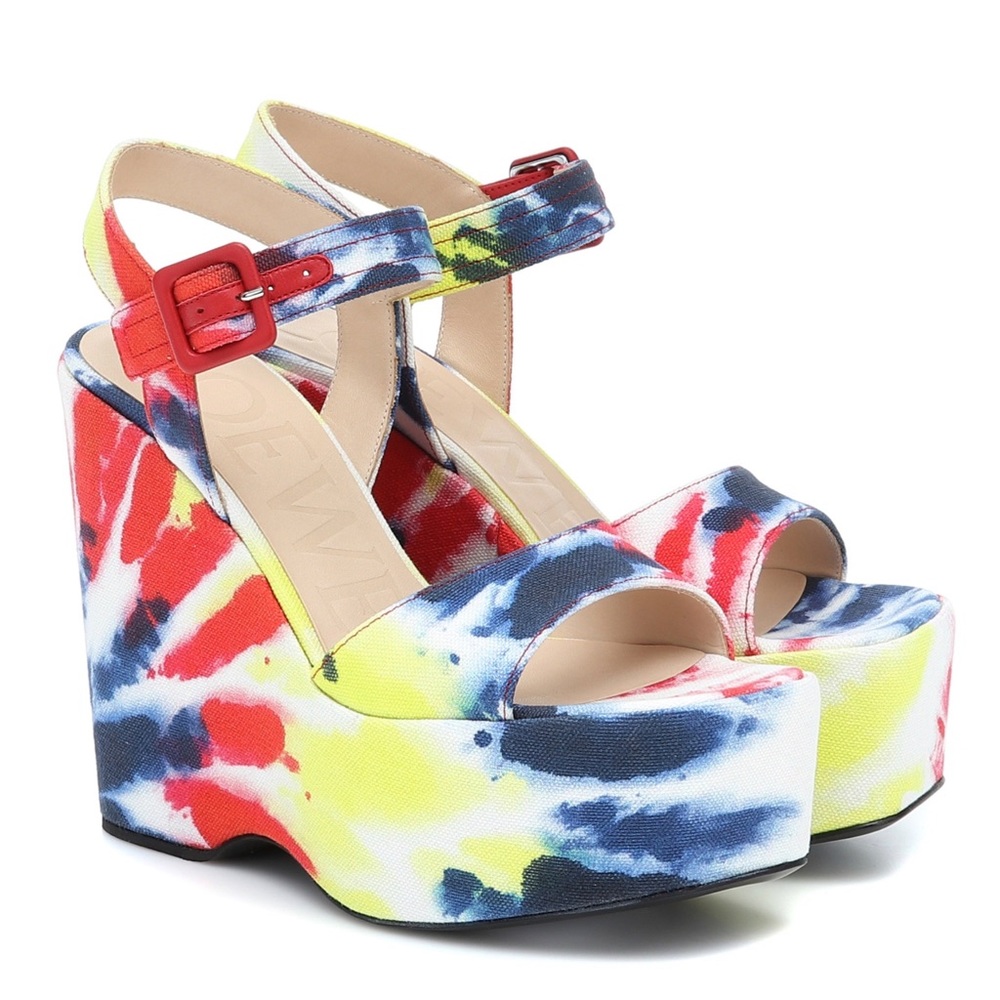 LOEWE Ibiza Red Blue Yellow Tie Dye Canvas Wedge Sandals US 8 NEW